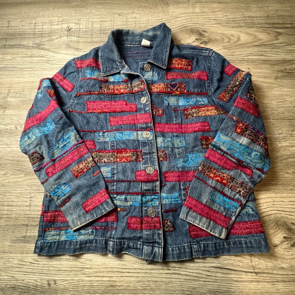 Indigo Moon Patchwork Denim Jacket Womens Blue Pink Boho Art to Wear Button Up